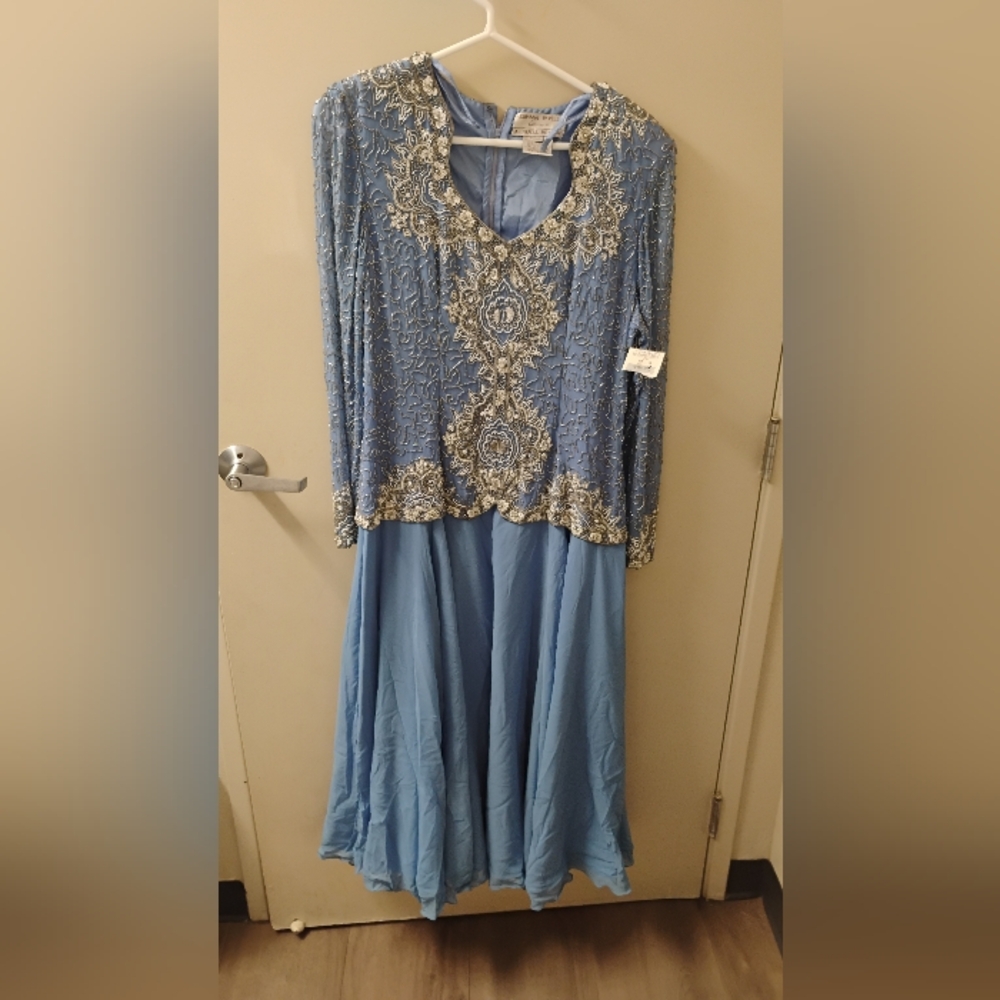 Vintage 1990s Adrianna Papell Womens Beaded Long Sleeve Dropwaist Evening Dress